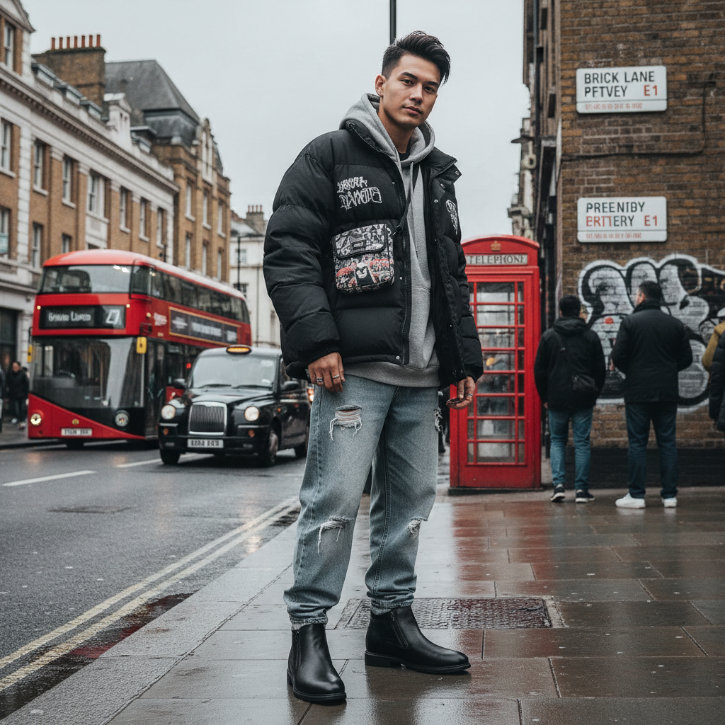 A man wearing Urban Fashion & Streetwear | Craftklart black faux leather ankle boots on a London street.