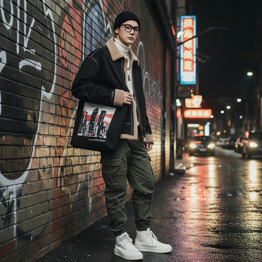 Urban Fashion & Streetwear | Craftklart men's black suede hooded jacket with velvet lining in a city street setting
