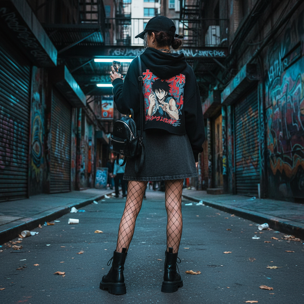 Urban Fashion & Streetwear | Craftklart mineral wash mini skirt worn with fishnet tights and boots in an urban alley
