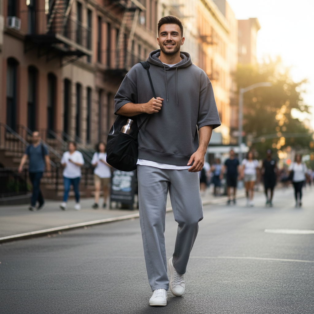Urban Fashion & Streetwear | Craftklart unisex mineral wash straight sweatpants in grey, worn by a man on a city street