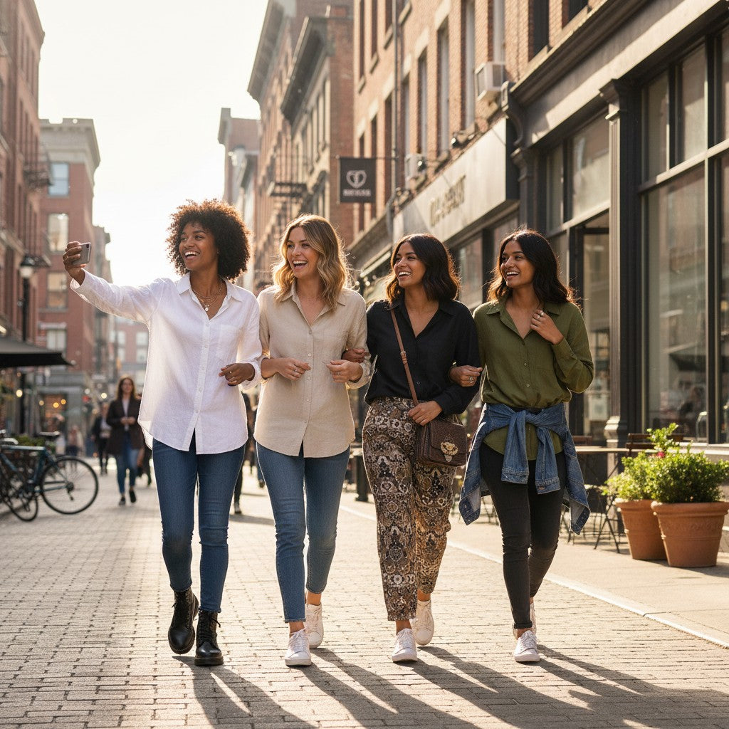 Urban Fashion & Streetwear | Craftklart minimalist long sleeve shirts in beige, khaki, and black worn by four women