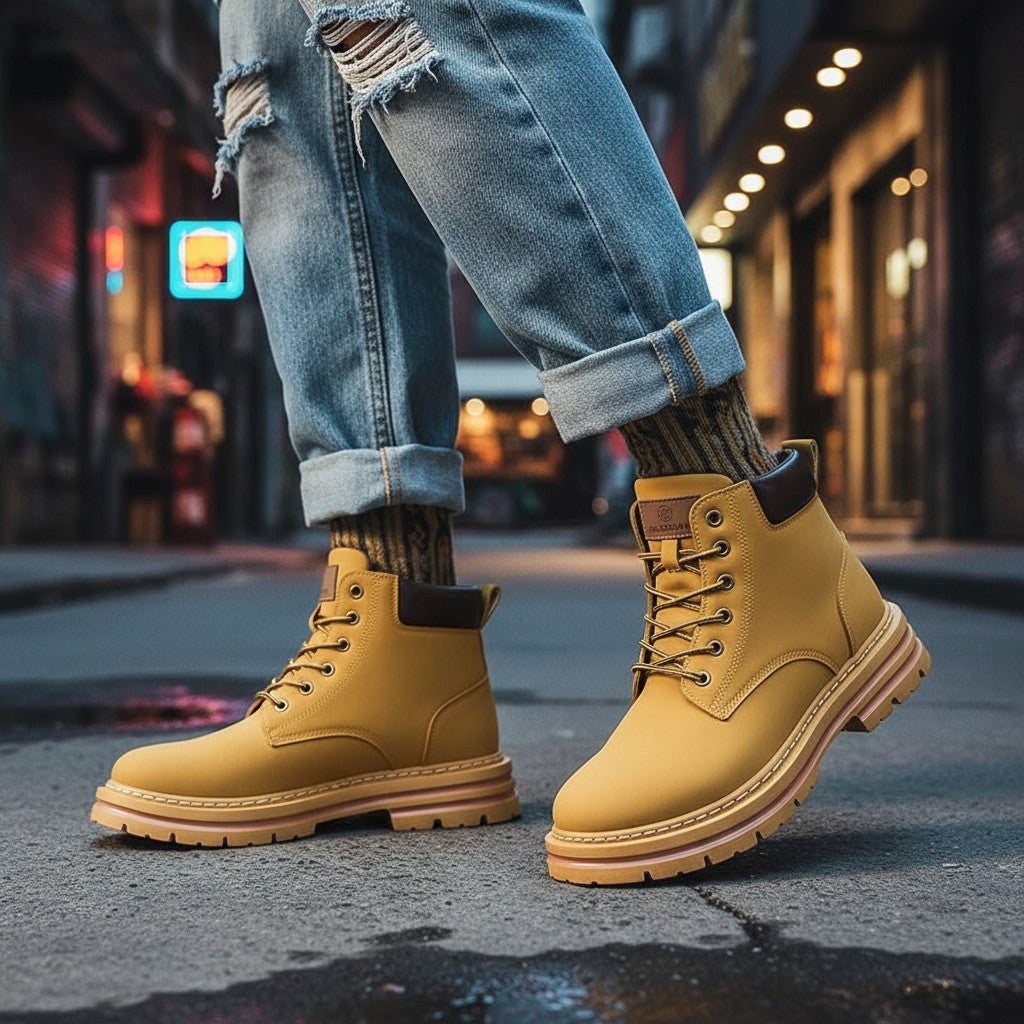 Urban Fashion & Streetwear | Craftklart mustard yellow lace-up ankle boots with lug soles worn on city street