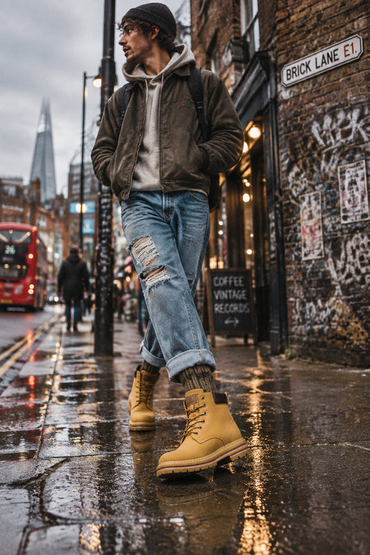 Urban Fashion & Streetwear | Craftklart mustard yellow lace-up ankle boots with lug soles worn on city street