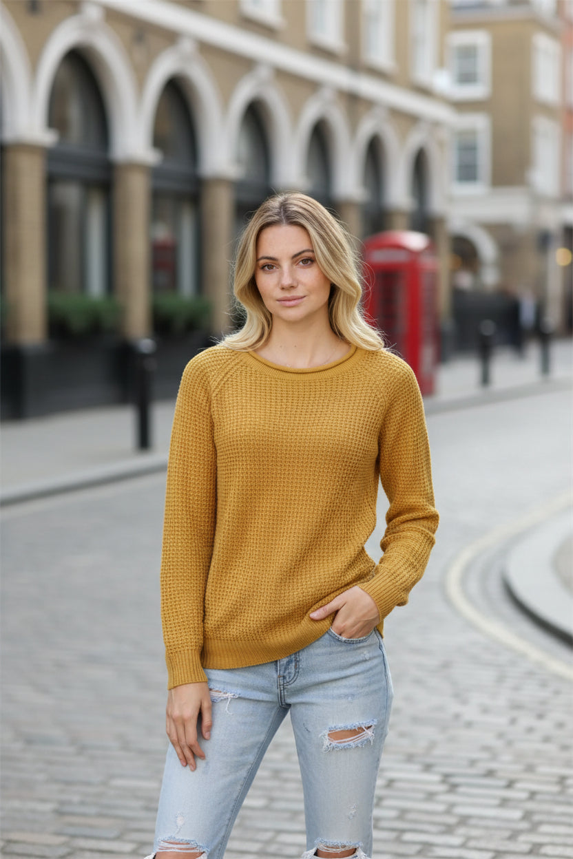 Urban Fashion & Streetwear | Craftklart mustard waffle knit long sleeve crewneck sweater worn by a blonde model