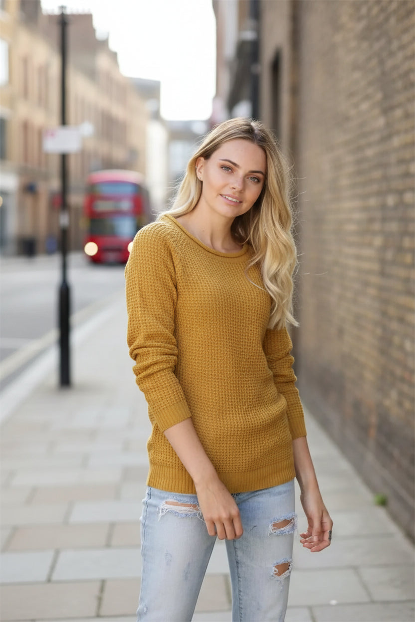 Urban Fashion & Streetwear | Craftklart mustard yellow waffle-knit long sleeve crewneck sweater on a smiling model
