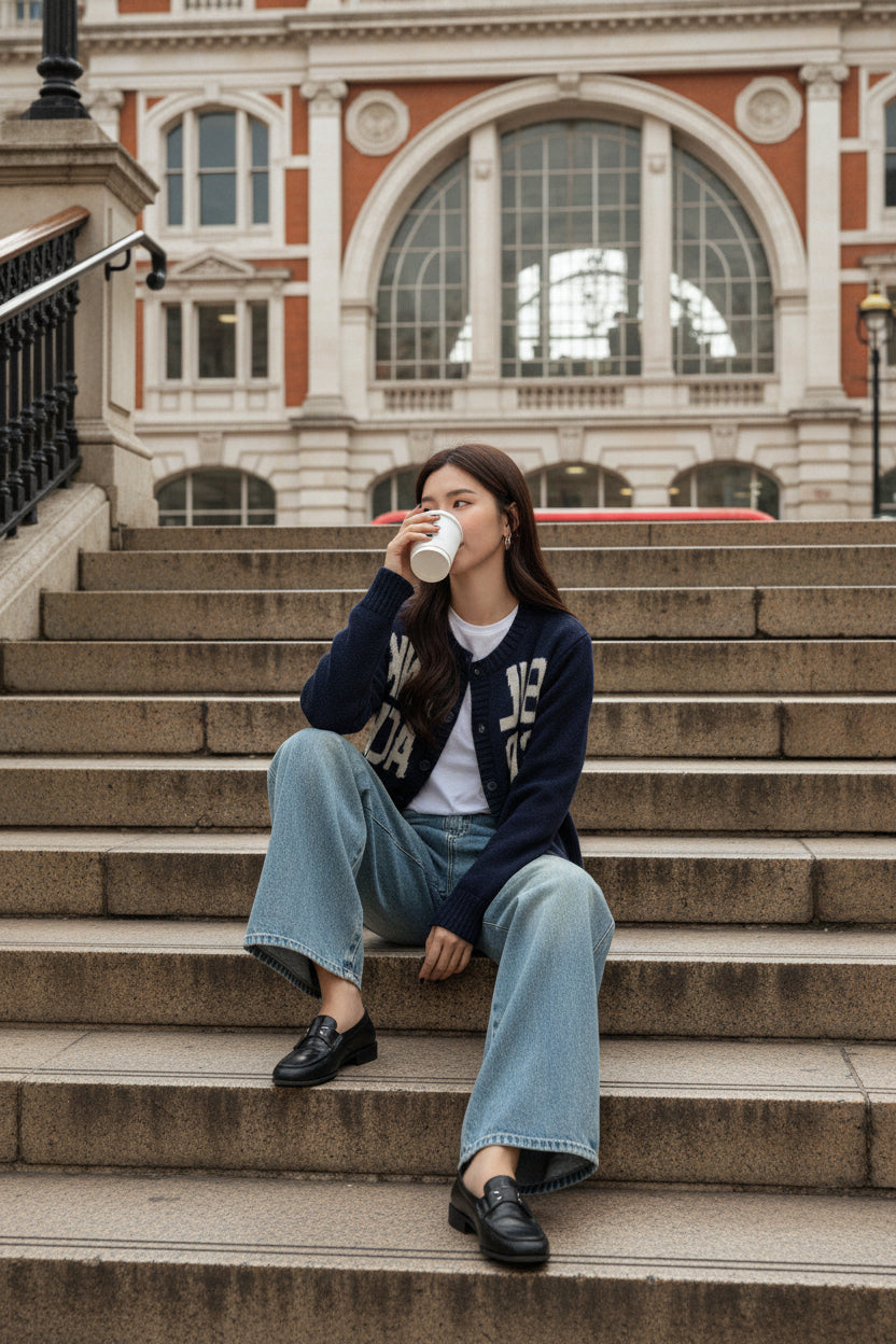 Urban Fashion & Streetwear | Craftklart navy blue letter jacquard knit cardigan worn by a woman sitting on stone steps