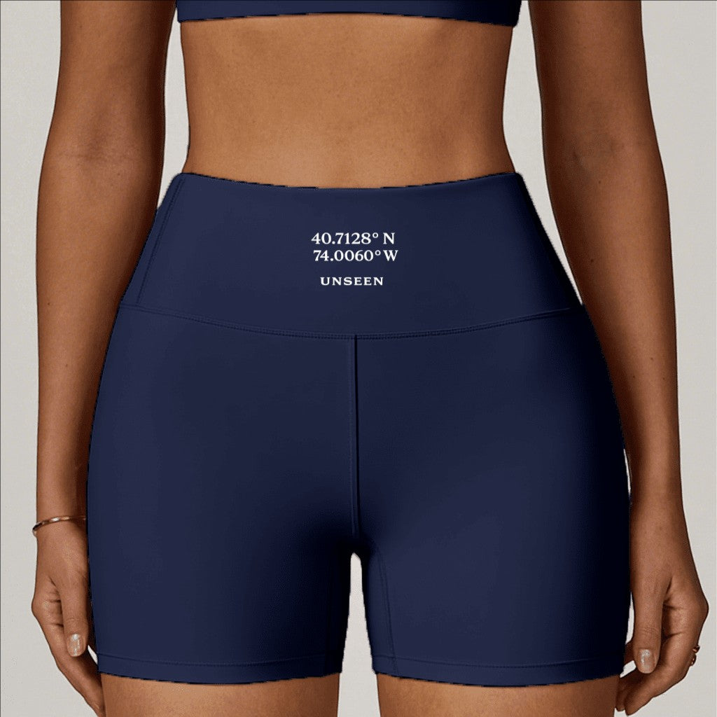 Urban Fashion & Streetwear | Craftklart high-waisted navy blue compression yoga shorts with coordinates print