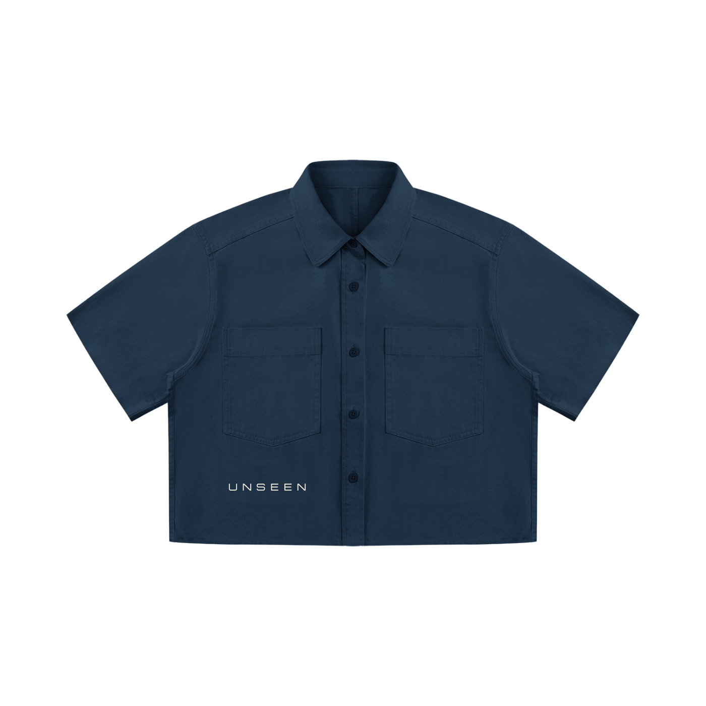 Urban Fashion & Streetwear | Craftklart navy blue cotton crop shirt with short sleeves, lapel collar, and front pockets.