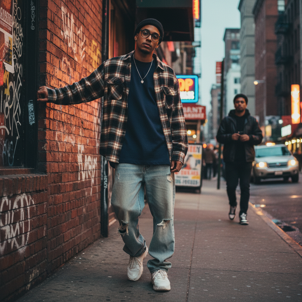 Urban Fashion & Streetwear | Craftklart model wearing a navy blue cotton t-shirt, plaid flannel, and distressed jeans.