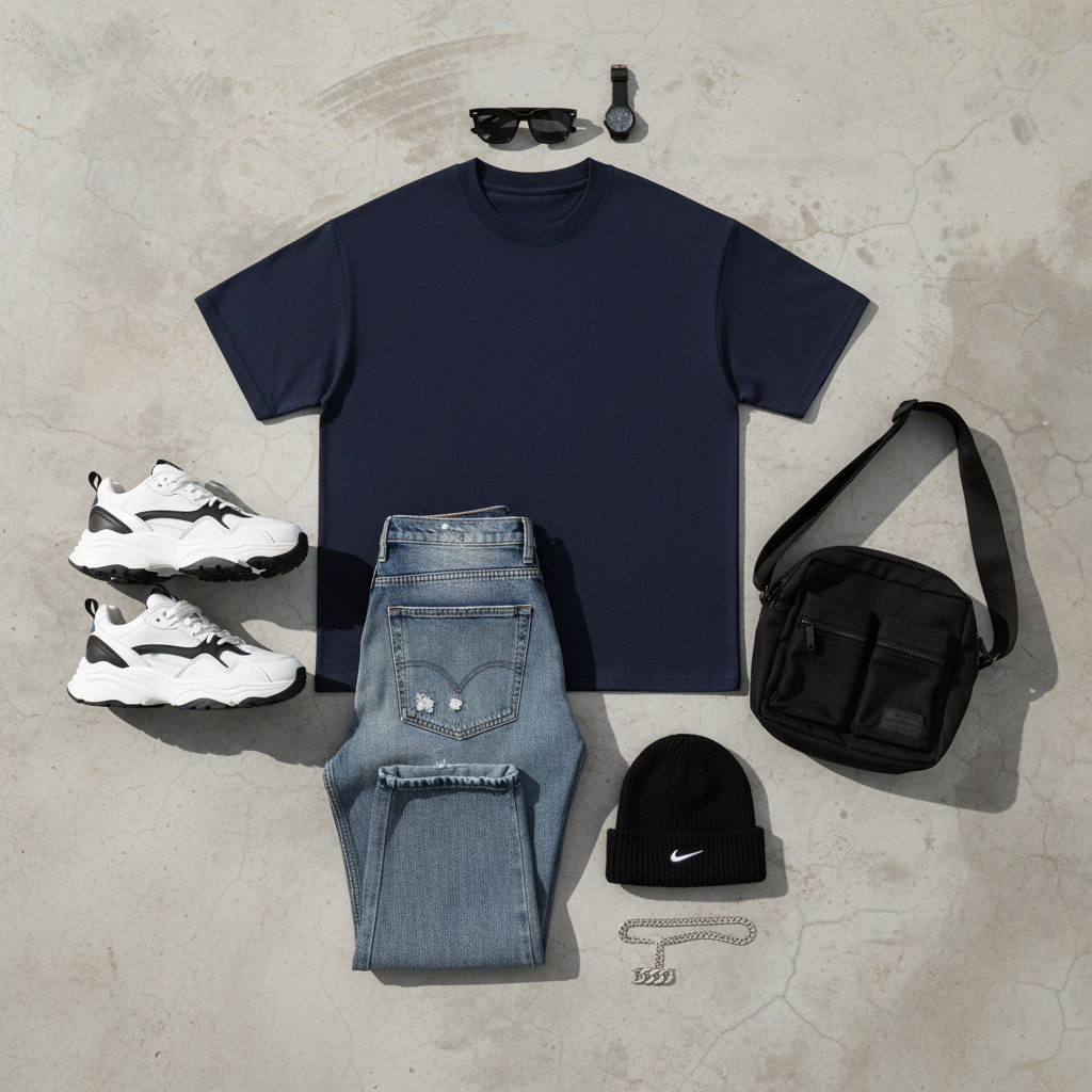 Urban Fashion & Streetwear | Craftklart navy blue cotton t-shirt flat lay with jeans, sneakers, and accessories.