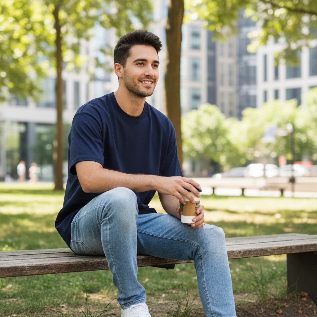 Urban Fashion & Streetwear | Craftklart navy blue heavyweight cotton crew neck t-shirt worn by a man in a park