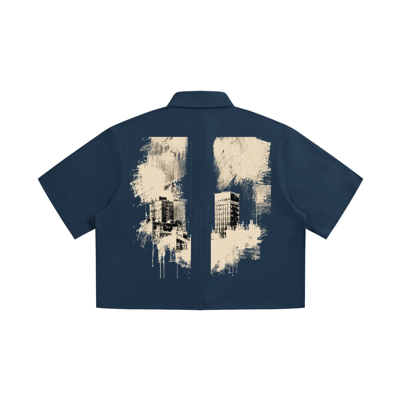 Urban Fashion & Streetwear | Craftklart navy blue cotton crop shirt with a distressed city skyline graphic print