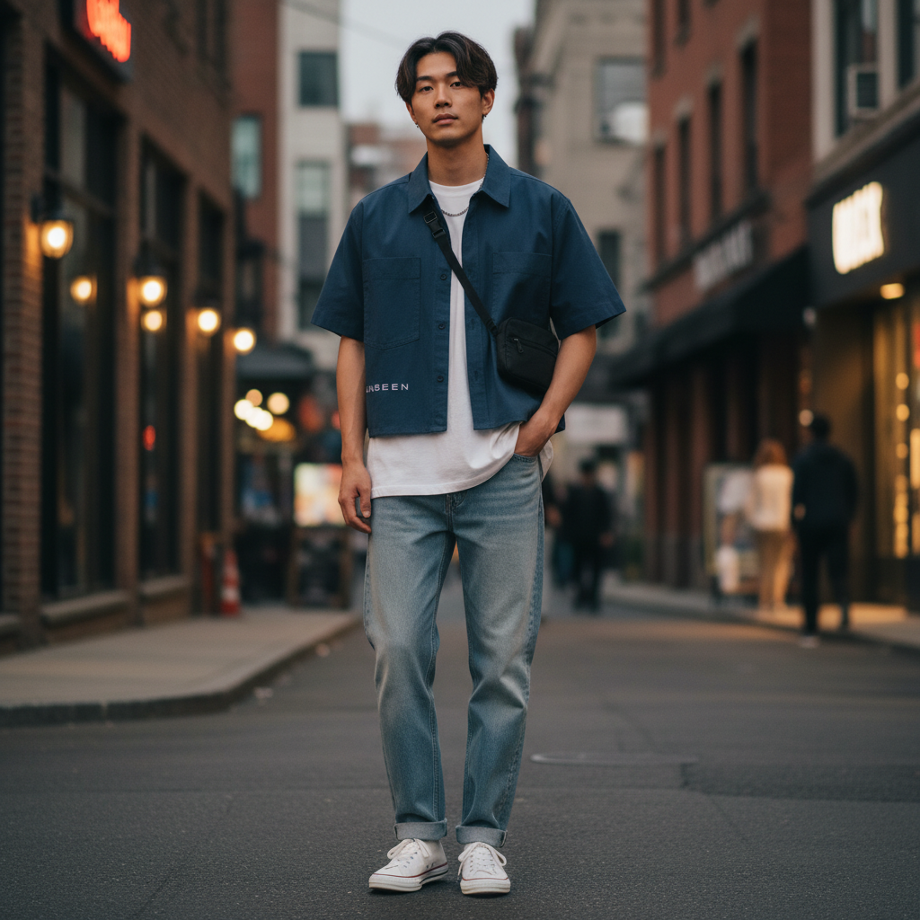 Urban Fashion & Streetwear | Craftklart navy blue cotton crop shirt with lapel collar and pocket worn on city street