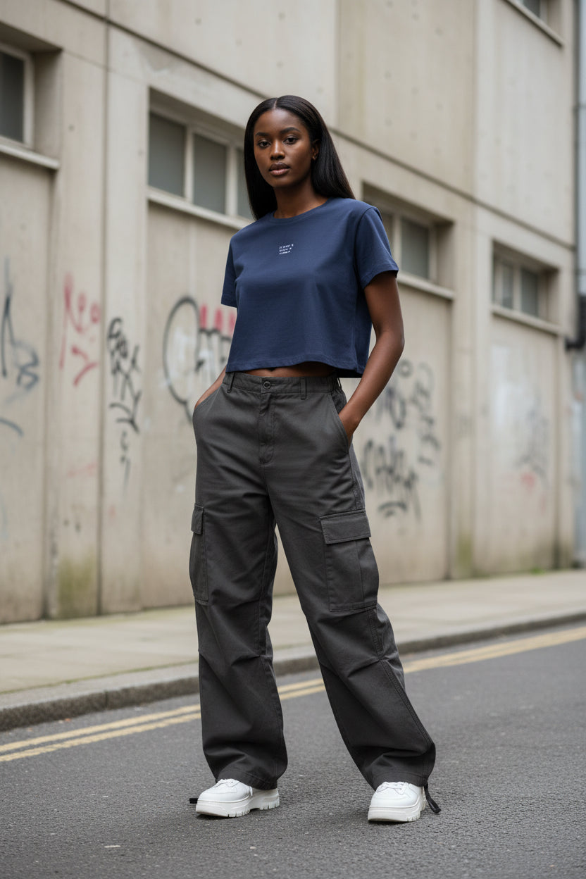 Urban Fashion & Streetwear | Craftklart navy blue cropped cotton crew neck t-shirt with small white text detail