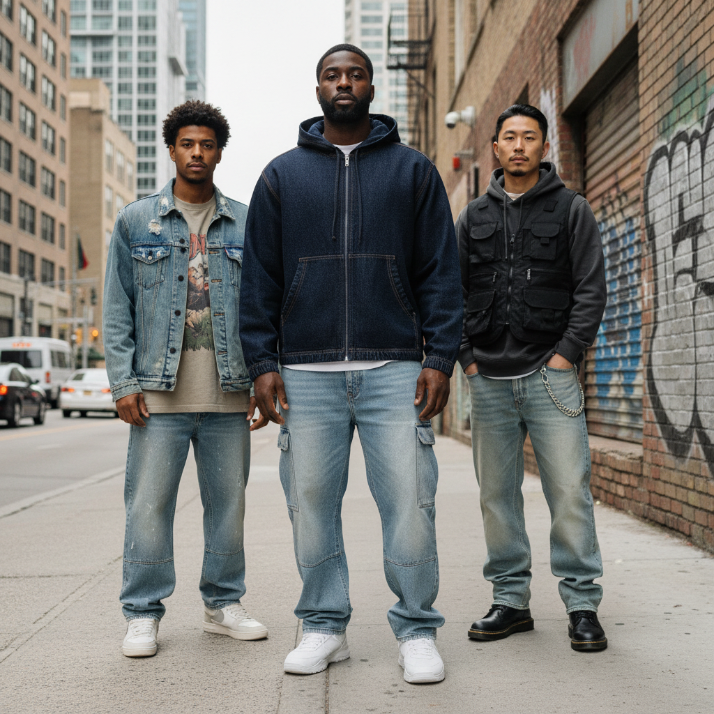 Urban Fashion & Streetwear | Craftklart model wearing a boxy vintage wash full-zip denim hoodie on a city street.