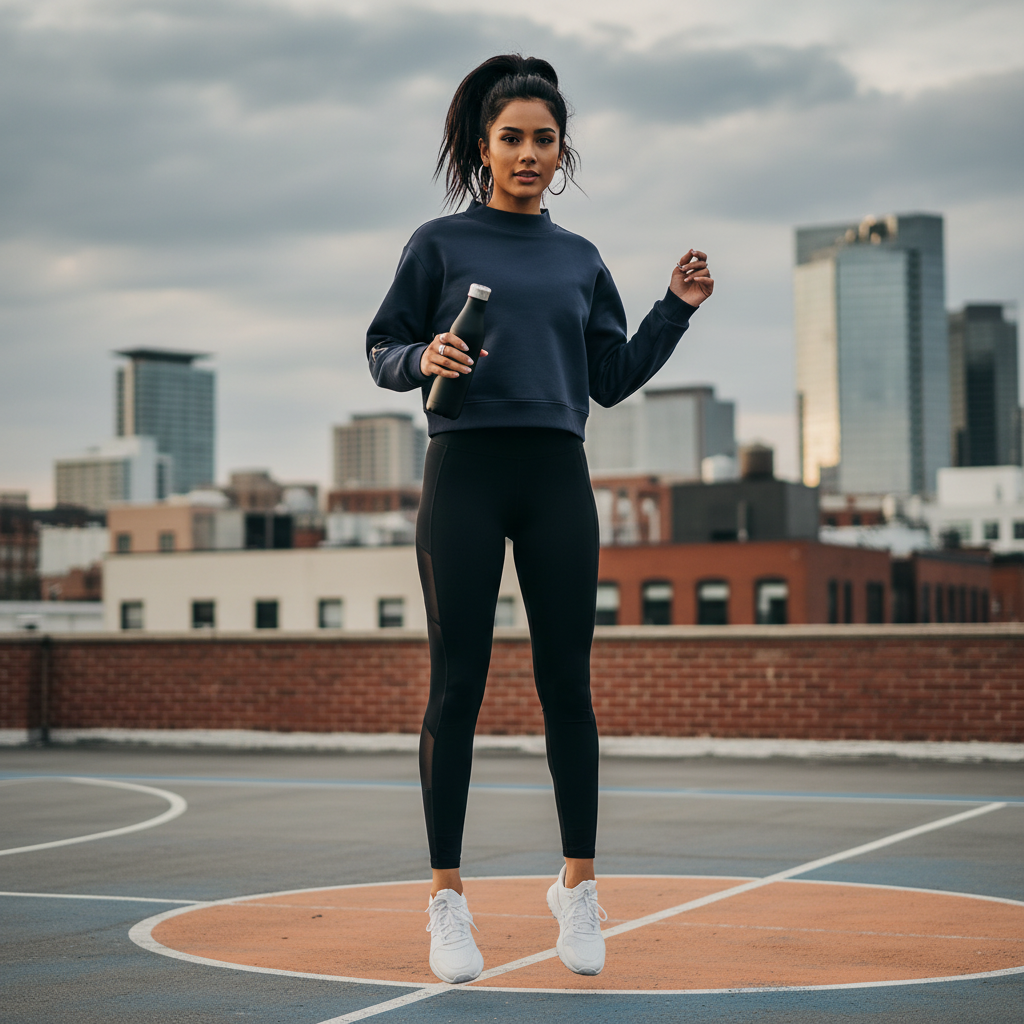Woman wearing Urban Fashion & Streetwear | Craftklart navy mock-neck fleece sweatshirt and leggings on a rooftop.