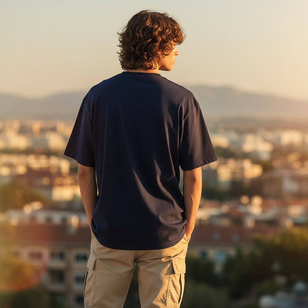 A man wearing a navy blue Urban Fashion & Streetwear | Craftklart heavyweight cotton t-shirt with a relaxed fit.