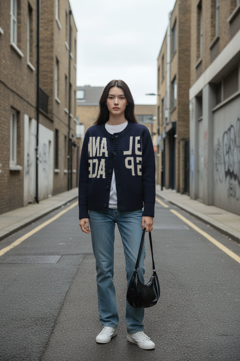 Urban Fashion & Streetwear | Craftklart navy blue oversized letter jacquard knit cardigan worn over a white tee