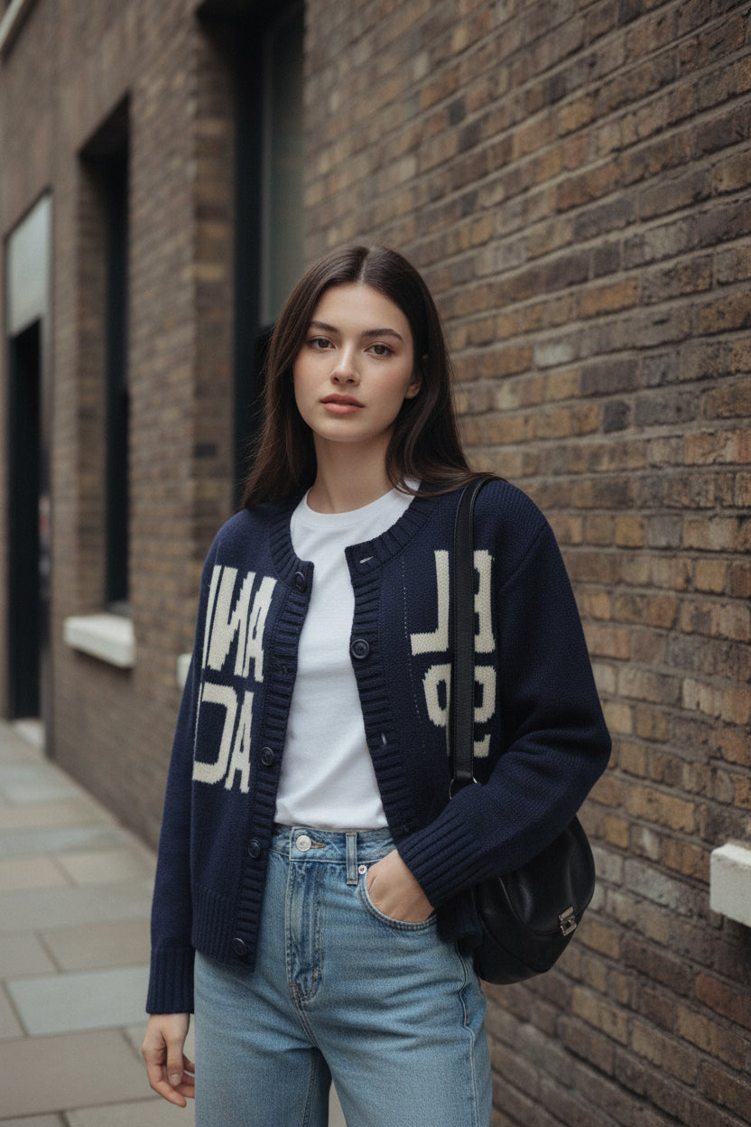 Urban Fashion & Streetwear | Craftklart navy blue oversized letter jacquard cardigan worn over a white tee