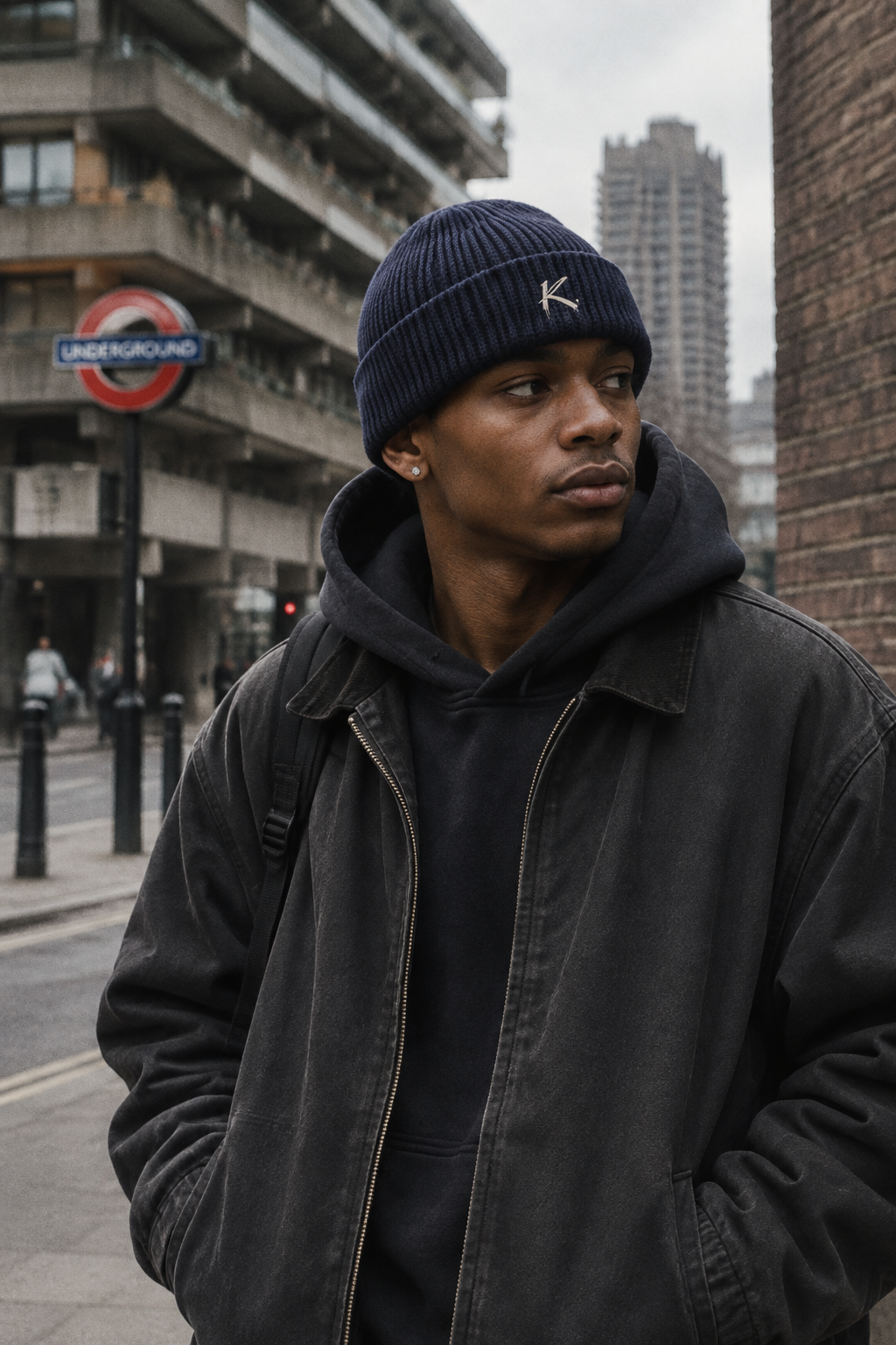 Craftklart Signature Ribbed Knit Beanie in navy, stylish streetwear beanie with ribbed knit texture, ideal for urban fashion.