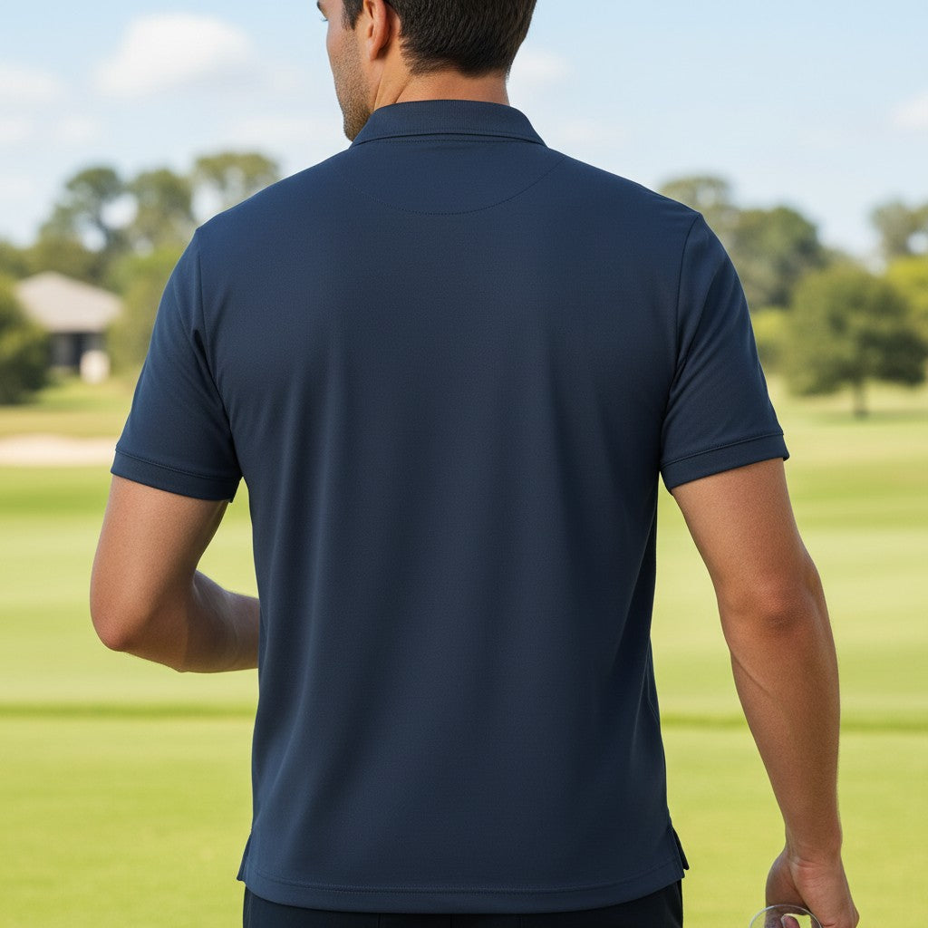 Back view of a navy blue Urban Fashion & Streetwear | Craftklart performance polo shirt with short sleeves.