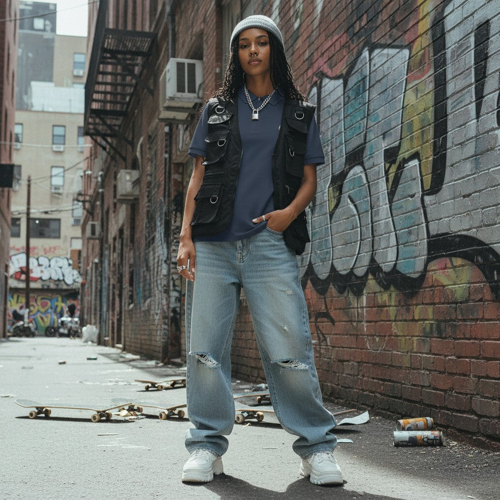 Urban Fashion & Streetwear | Craftklart navy blue quarter-zip polo shirt worn with a black utility vest and jeans.