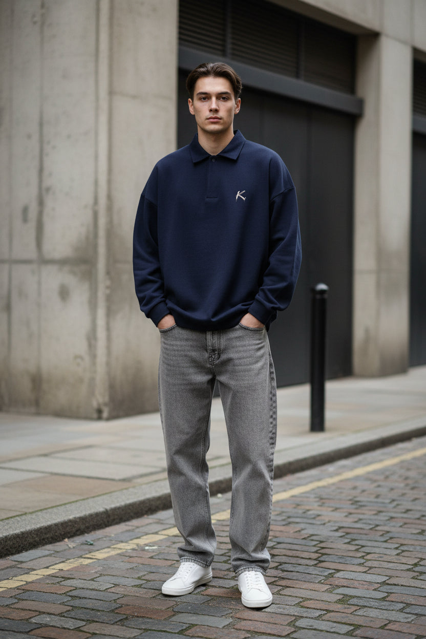 Urban Fashion & Streetwear | Craftklart navy blue heavy 445GSM cotton sweatshirt with a polo collar and half-placket.