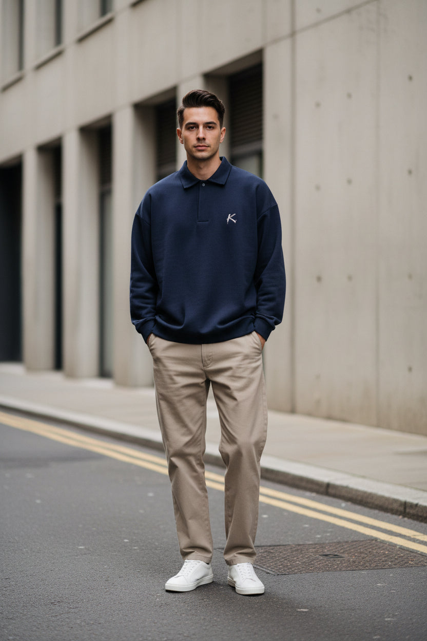 Urban Fashion & Streetwear | Craftklart navy blue heavy cotton half-placket polo sweatshirt with embroidered logo