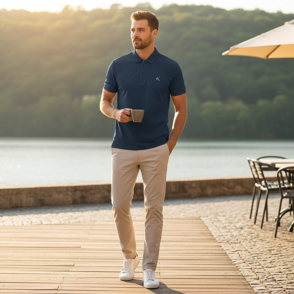 A man wearing a navy blue Urban Fashion & Streetwear | Craftklart quarter-zip polo shirt with beige chinos outdoors.