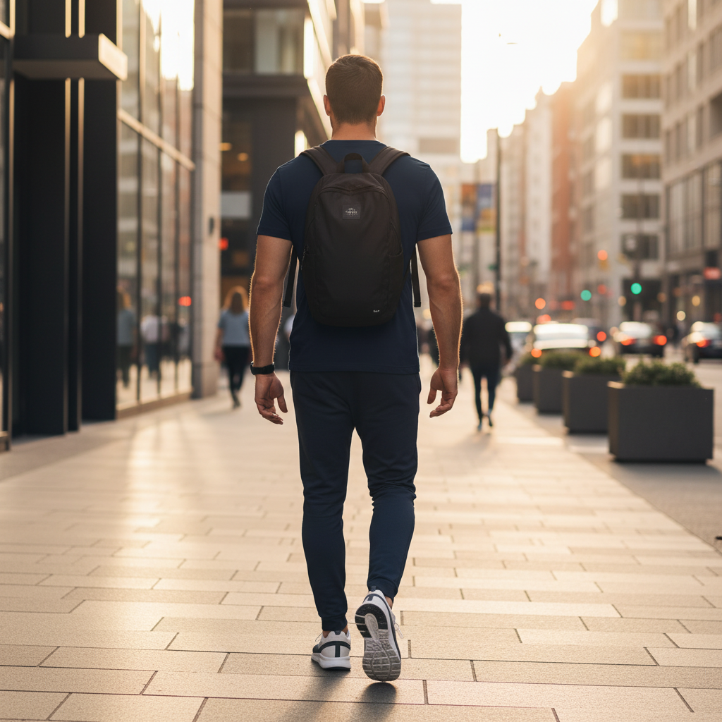 Urban Fashion & Streetwear | Craftklart men's navy blue raglan t-shirt worn with a backpack on a city street at sunset