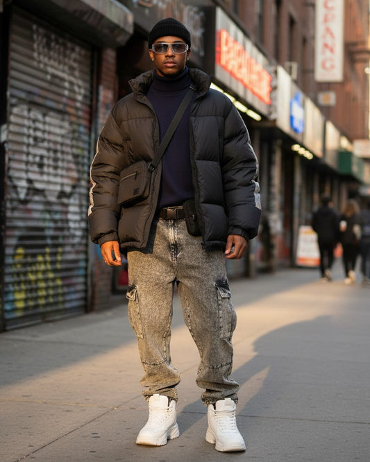 Urban Fashion & Streetwear | Craftklart navy ribbed turtleneck sweater layered under a black puffer jacket on a man