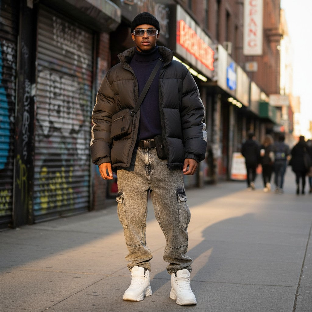 Urban Fashion & Streetwear | Craftklart navy ribbed turtleneck sweater layered under a black puffer jacket on a man