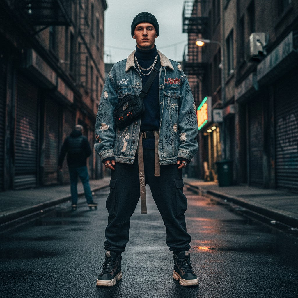Urban Fashion & Streetwear | Craftklart navy blue turtleneck sweater worn by a man in a city alleyway
