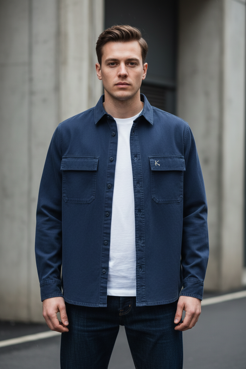 A man wearing a navy blue Urban Fashion & Streetwear | Craftklart utility overshirt over a white t-shirt.