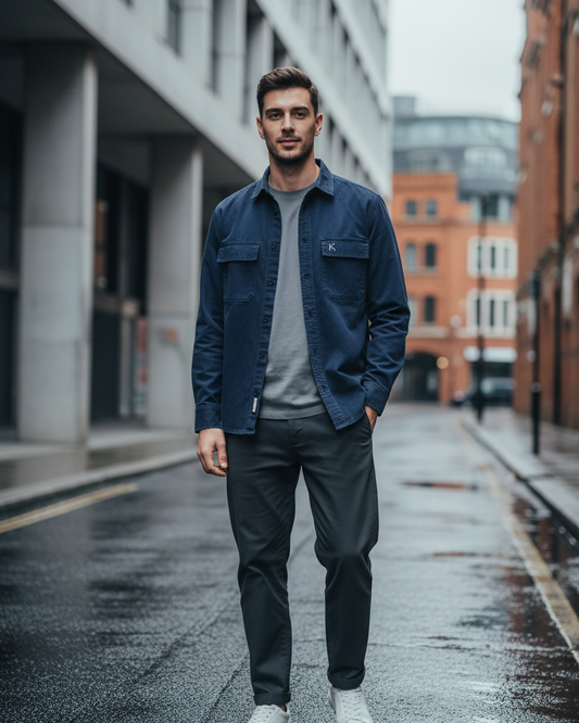 Man wearing a navy blue Urban Fashion & Streetwear | Craftklart utility overshirt over a grey t-shirt on a city street