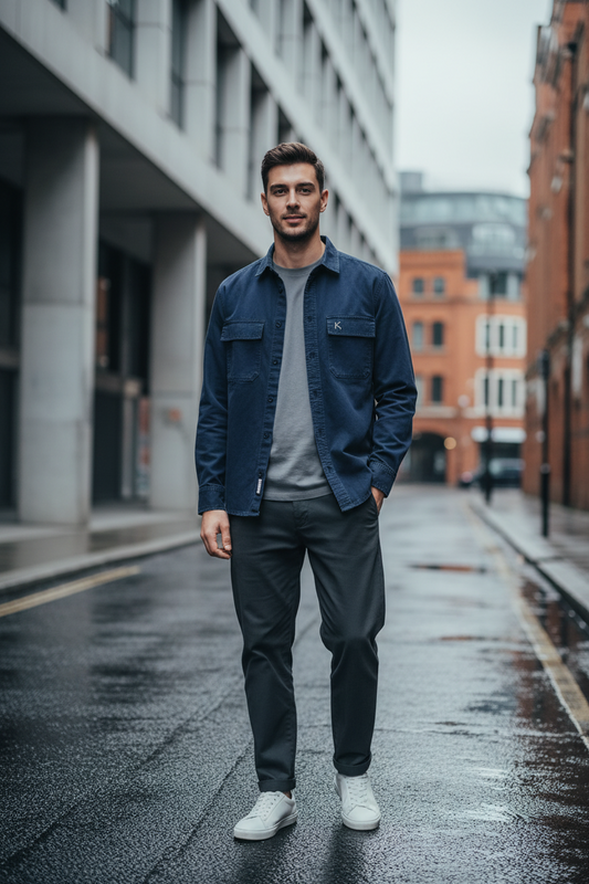 Man wearing a navy blue Urban Fashion & Streetwear | Craftklart utility overshirt over a grey t-shirt on a city street