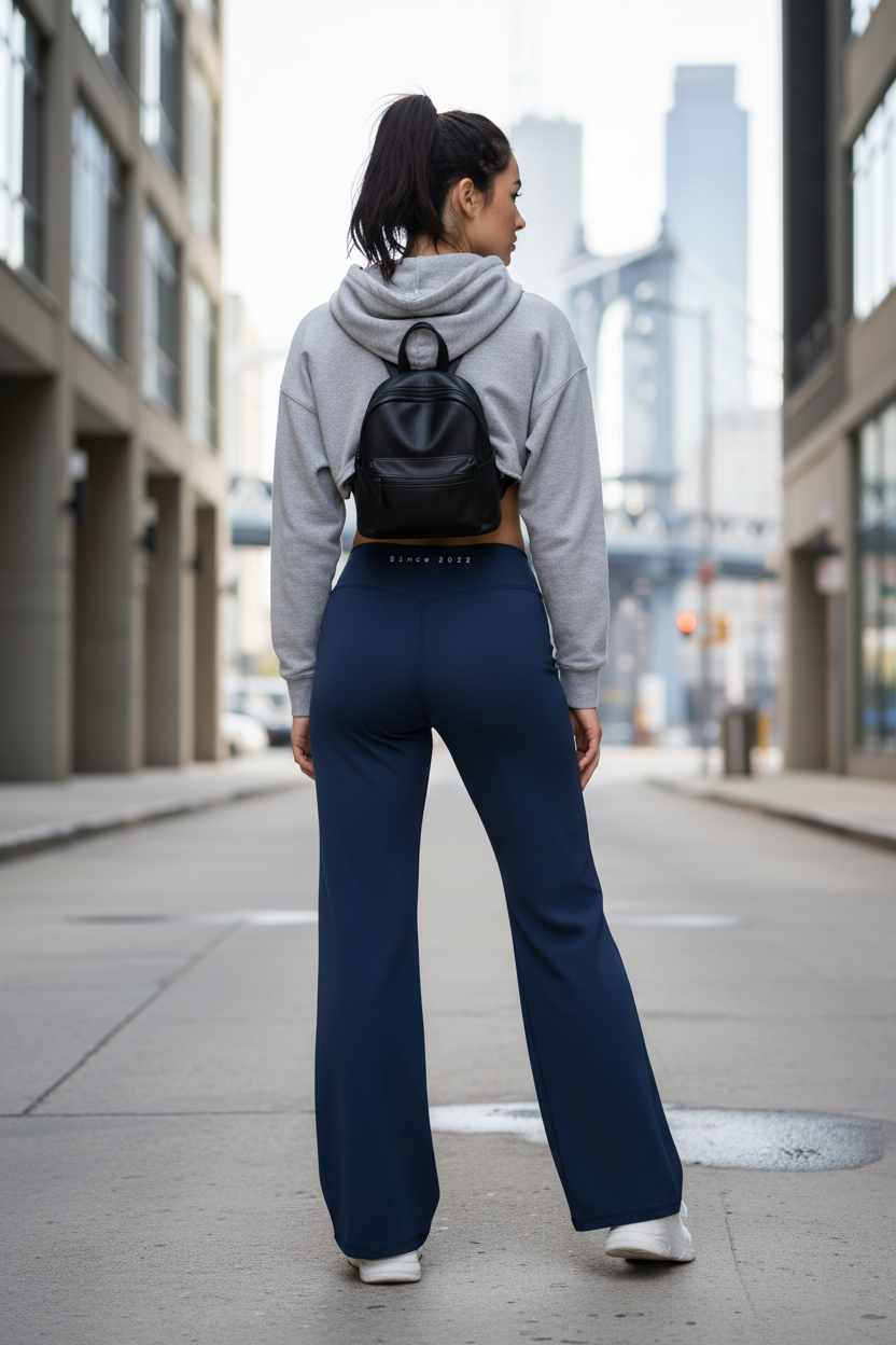 Urban Fashion & Streetwear | Craftklart high rise navy blue yoga pants with a straight leg fit worn by a woman outdoors.