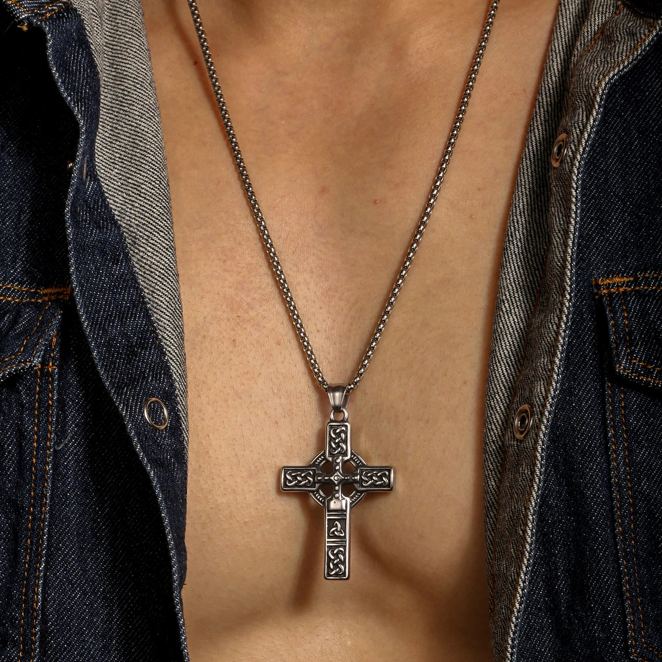 Silver Nordic Street Stainless Steel Male Necklace with urban-inspired design, crafted for modern streetwear style.