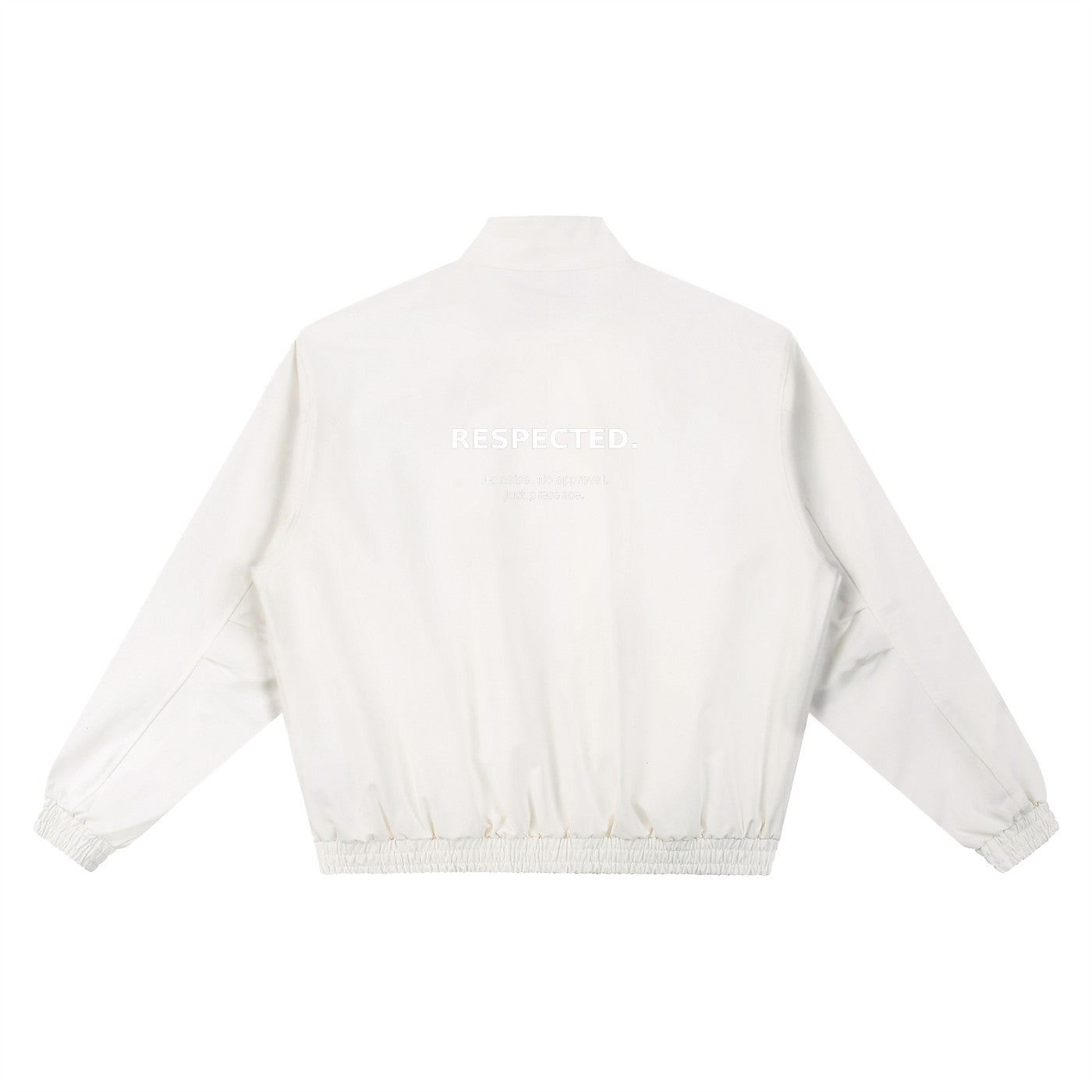 Back view of Urban Fashion & Streetwear | Craftklart cream stand collar bomber jacket with Respected print