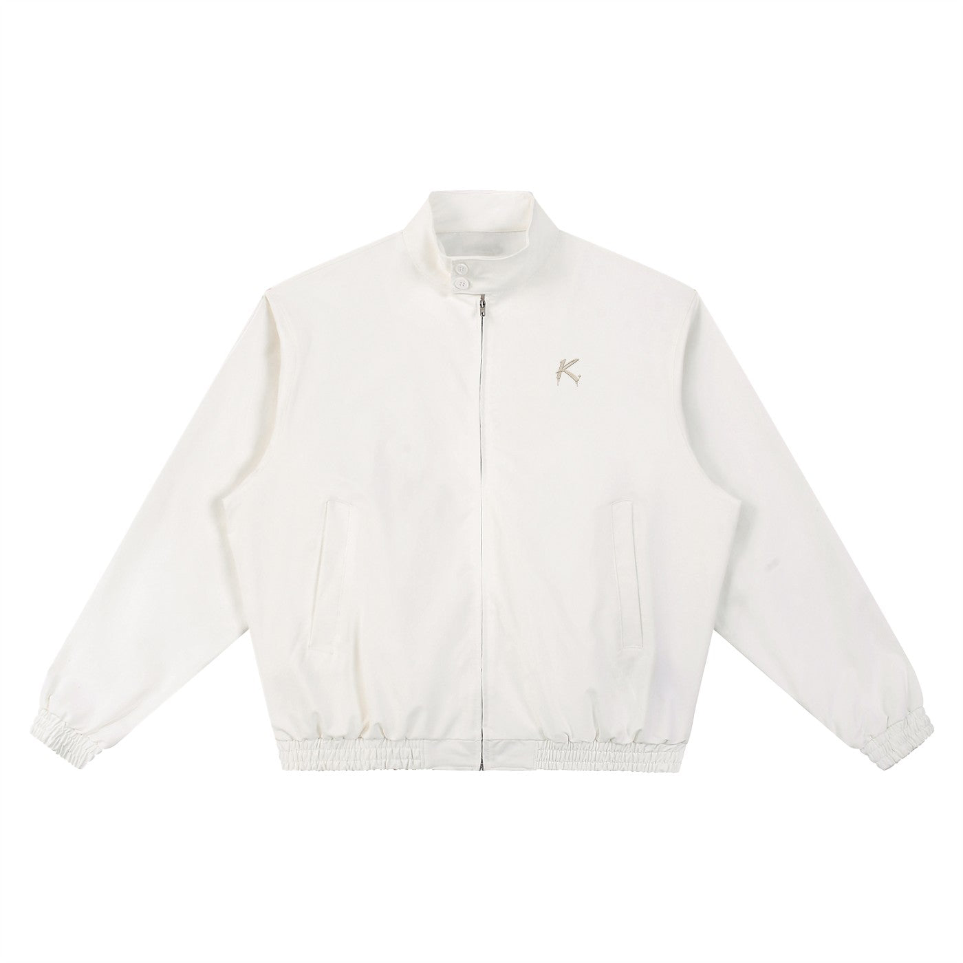 Urban Fashion & Streetwear | Craftklart off-white stand collar bomber jacket with zipper, buttons, and drop shoulders.