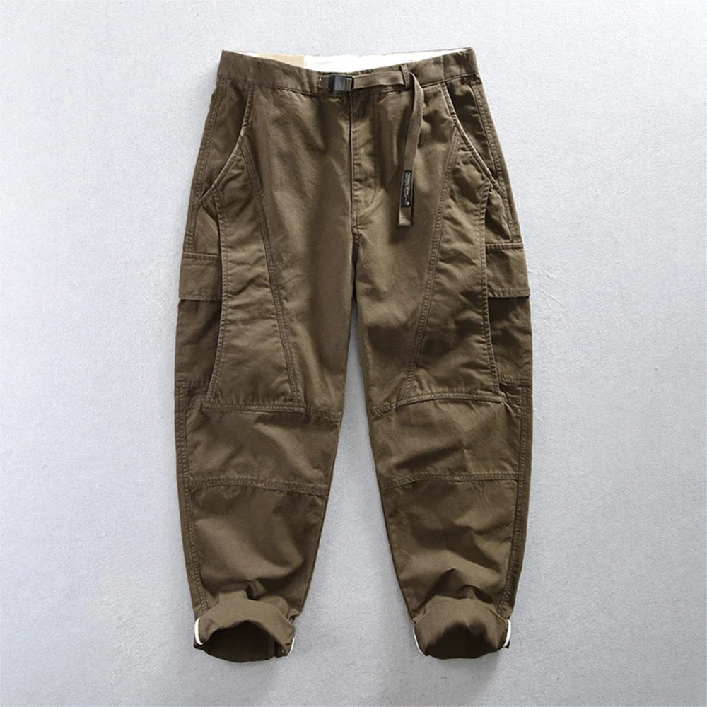 Urban Fashion & Streetwear | Craftklart olive green cotton cargo pants with an integrated belt and side utility pockets.