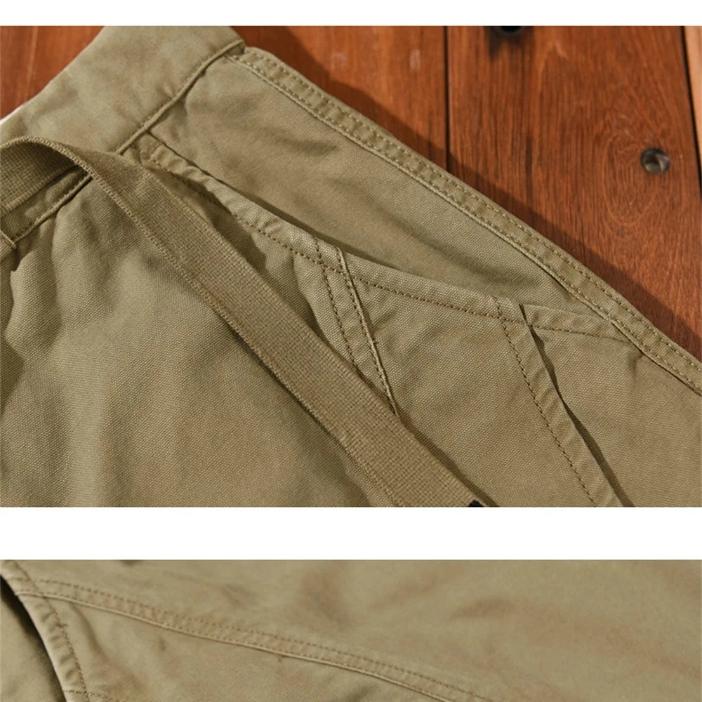 Close-up of Urban Fashion & Streetwear | Craftklart olive green cotton cargo pants featuring reinforced stitching
