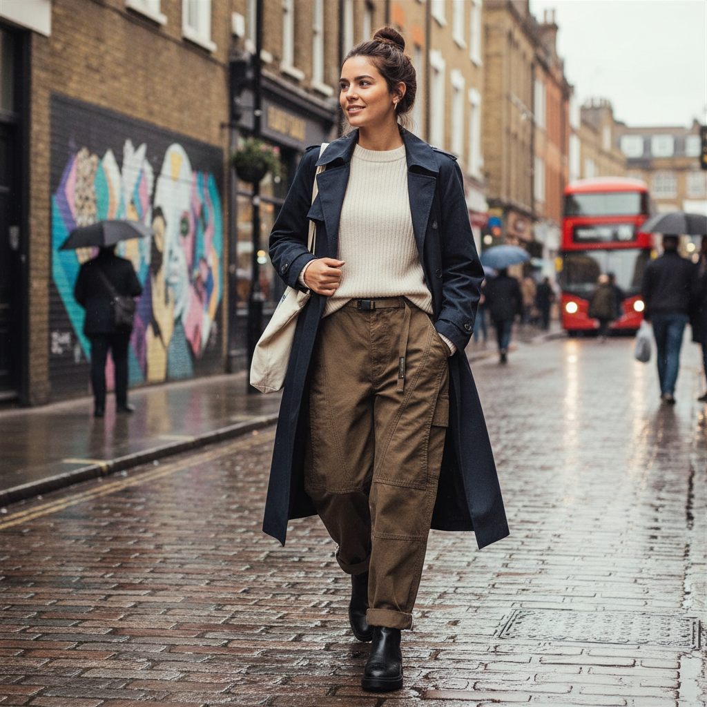 Urban Fashion & Streetwear | Craftklart brown cotton cargo trousers with integrated belt worn on a rainy city street