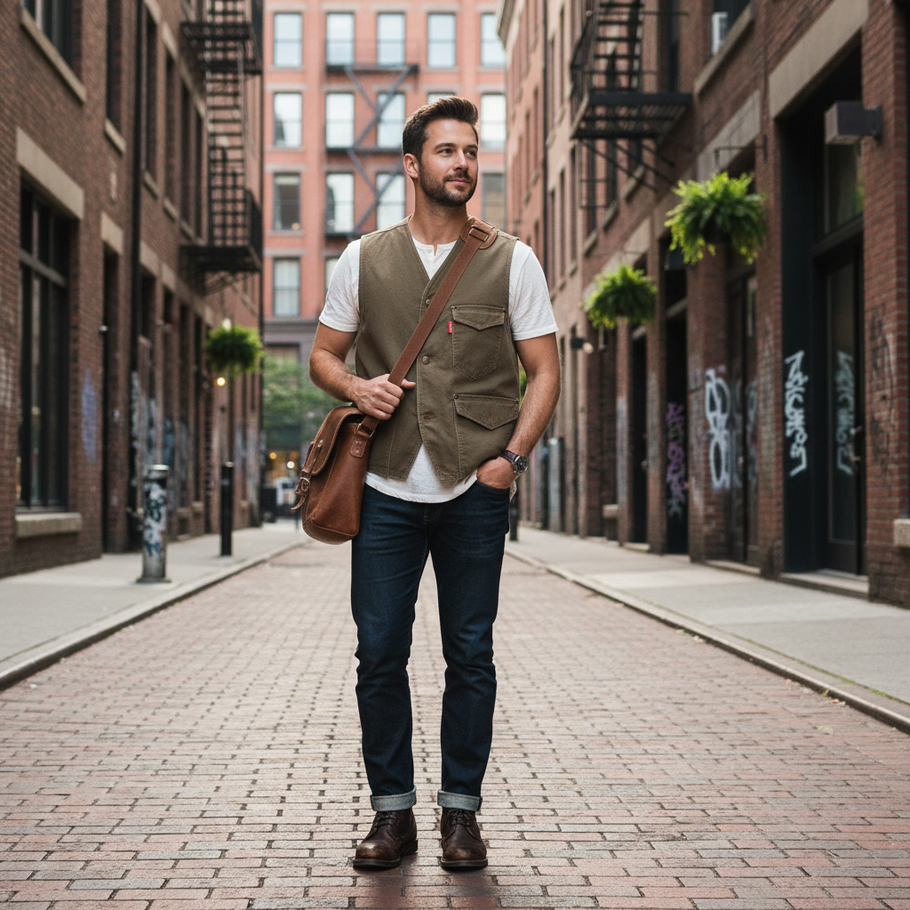 Man wearing an Urban Fashion & Streetwear | Craftklart olive green cotton utility vest with pockets in city alley