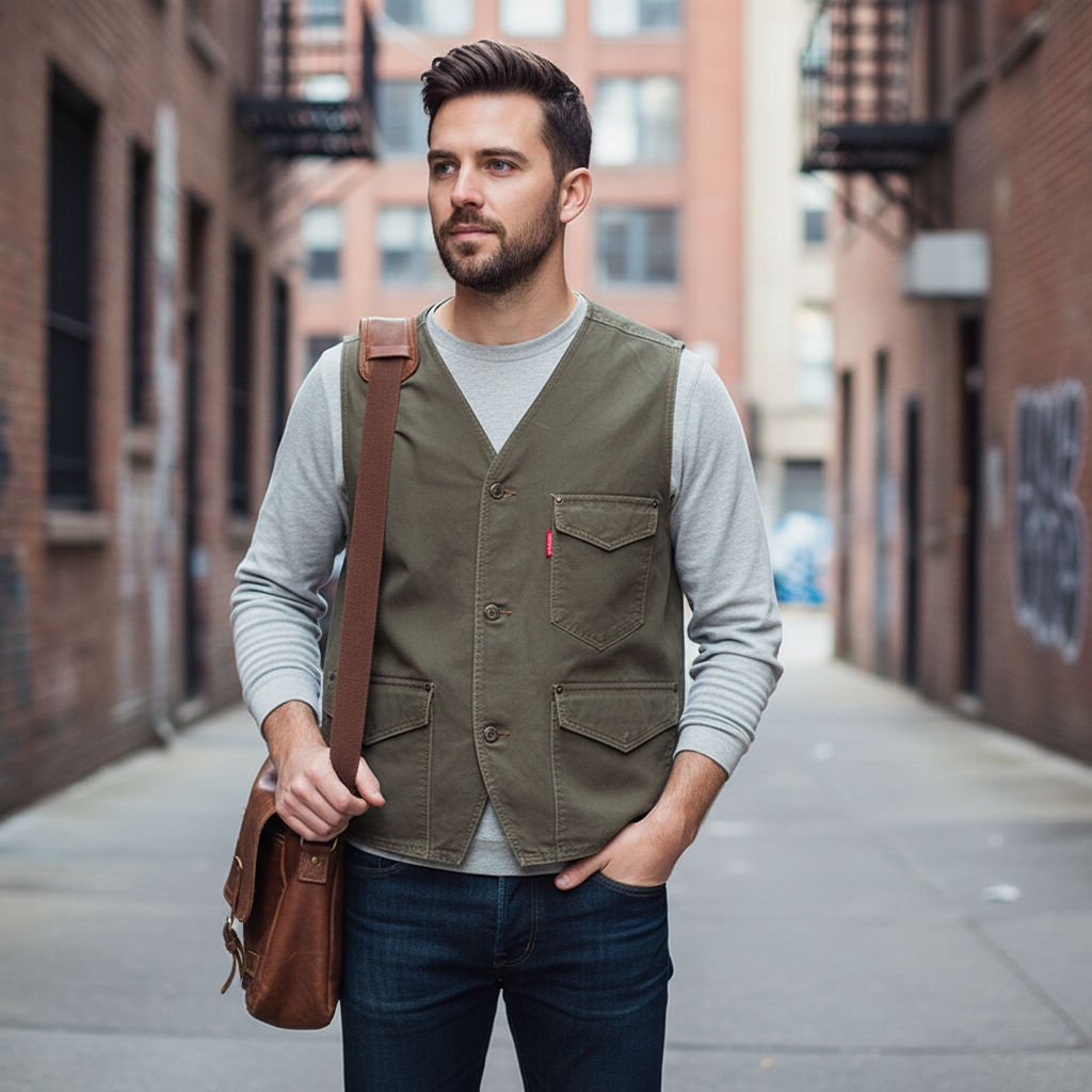 A man wearing an Urban Fashion & Streetwear | Craftklart olive green cotton utility vest with pockets in an alley.