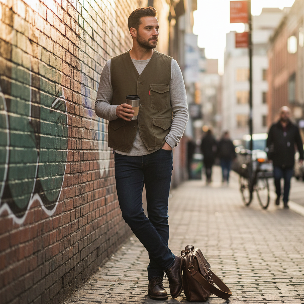 Urban Fashion & Streetwear | Craftklart man wearing a vintage olive green cotton utility vest with pockets in a city