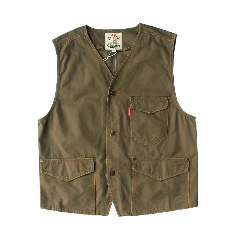 Urban Fashion & Streetwear | Craftklart olive green cotton utility vest with multiple pockets and a V-neck design