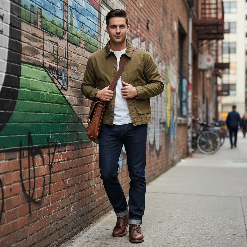 A man wearing an Urban Fashion & Streetwear | Craftklart olive green cotton workwear jacket with a white t-shirt and jeans