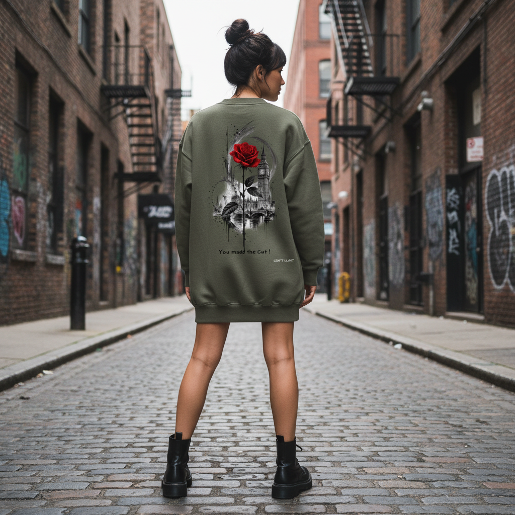 Urban Fashion & Streetwear | Craftklart oversized olive green sweatshirt with London cityscape and rose back graphic
