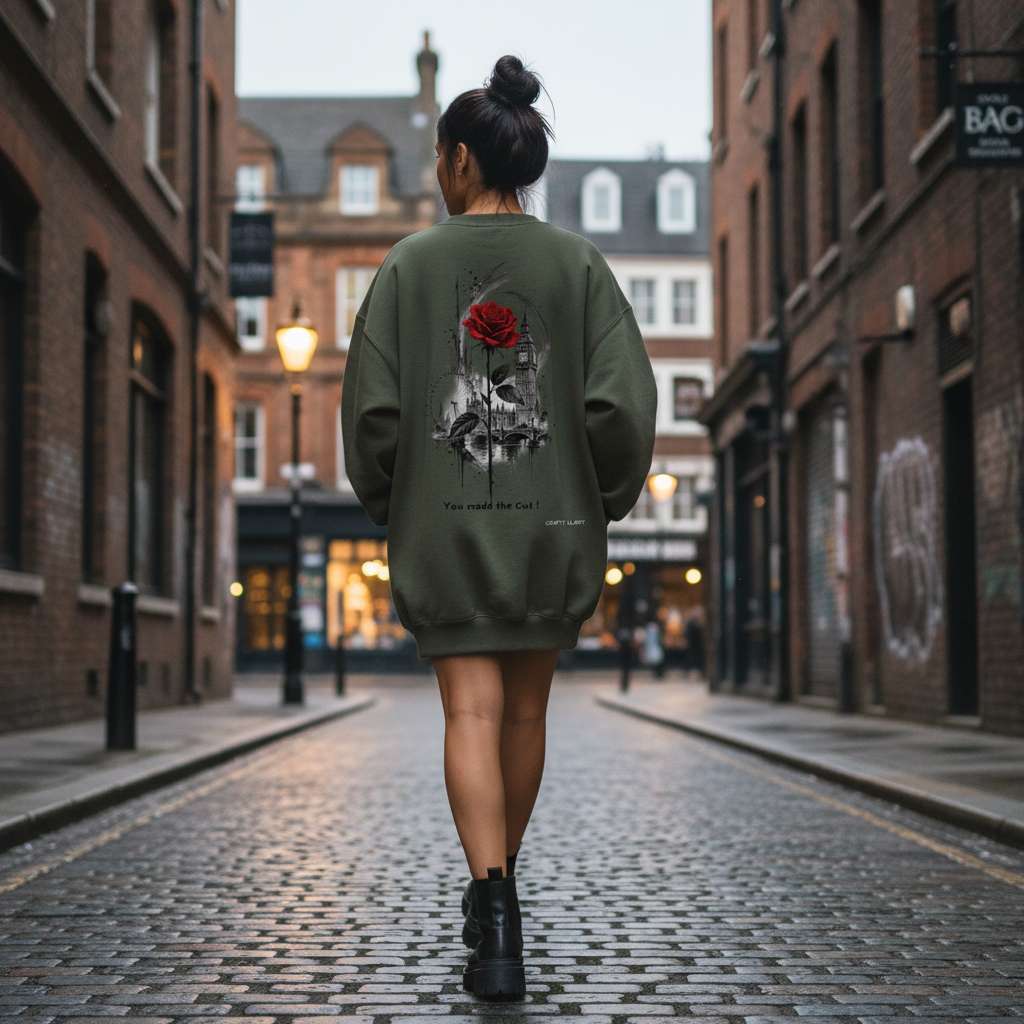 Woman wearing an oversized olive green Urban Fashion & Streetwear | Craftklart sweatshirt with a London rose back print